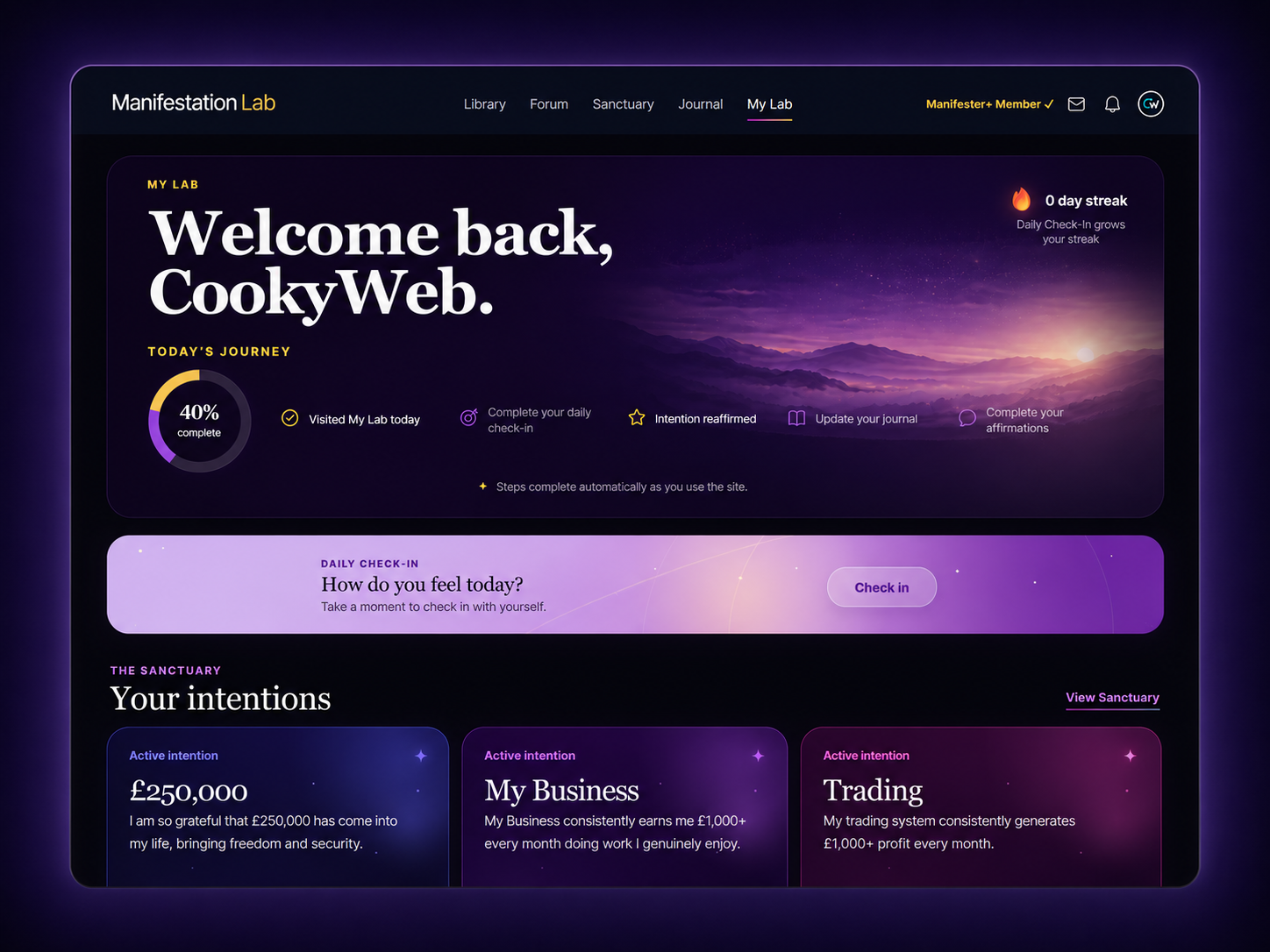 Manifestation Lab dashboard and membership platform